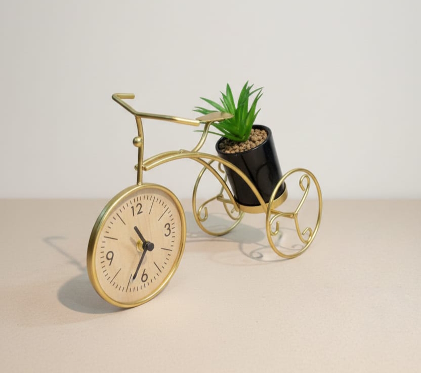 Golden Bicycle Clock with Plant Holder